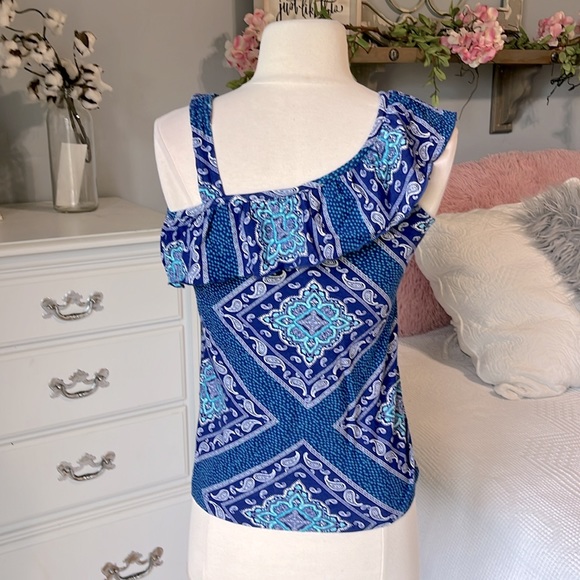 J Khaki One Shoulder Blue Paisley Knit Ruffle Top Girls Large - Picture 3 of 5